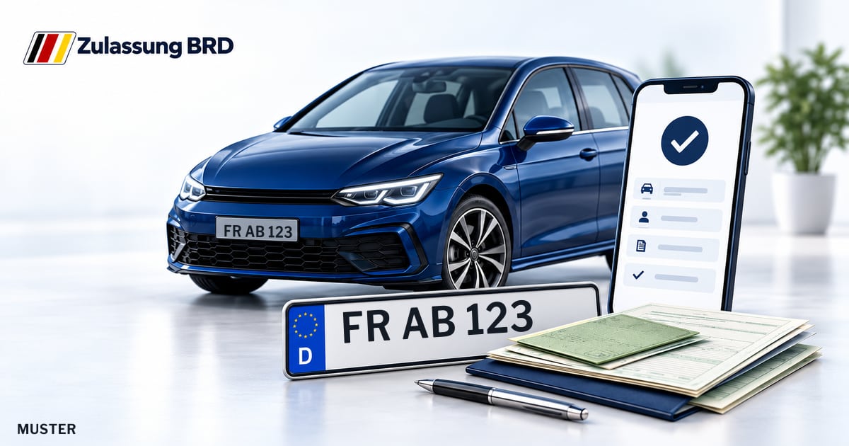 Online Fahrzeugzulassung in Titisee-Neustadt: Musterkennzeichen FR AB 123, Auto und Fahrzeugpapiere und Smartphone. Illustration mit Logo von Zulassung BRD.